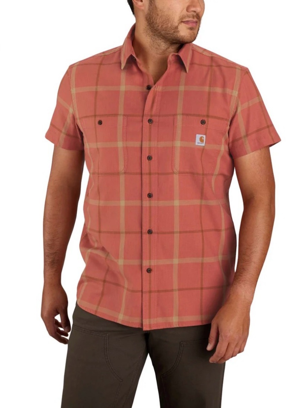 Carhartt Men's Short-Sleeve Rust Plaid Button-Down Shirt